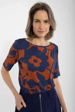 Daneboat Neck Viscose Tee Deep Marine/Rust Bloom Boom