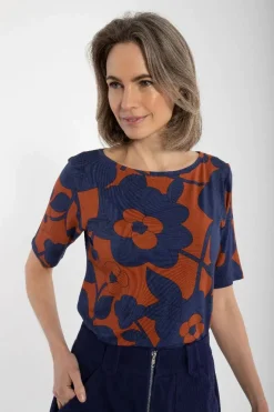 Daneboat Neck Viscose Tee Deep Marine/Rust Bloom Boom